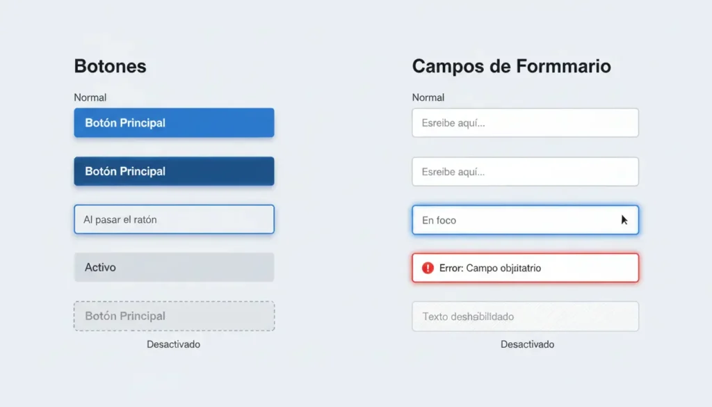 componentes-interfaz-diseno-ui Componentes de interfaz con diferentes estados para botones y campos de formulario