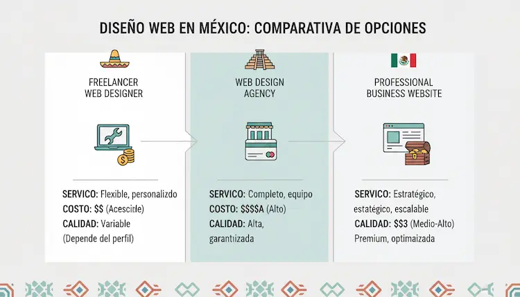 Comparación entre diseñador web freelancer agencia y sitio web profesional en México