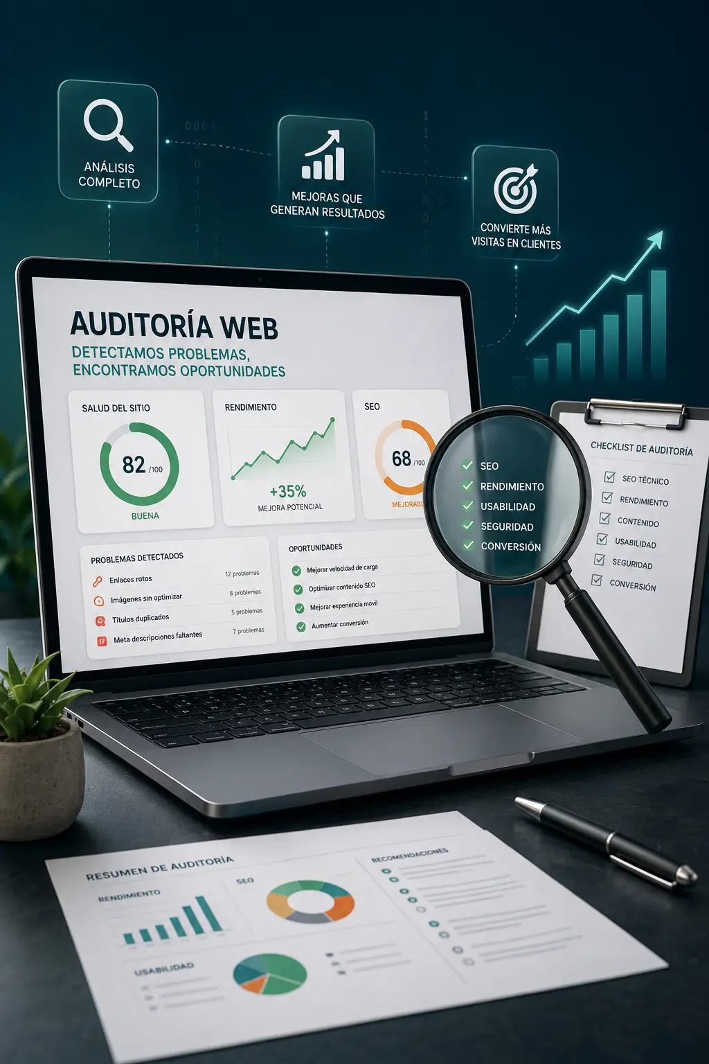 Auditoría web con análisis SEO, rendimiento, usabilidad y oportunidades de conversión