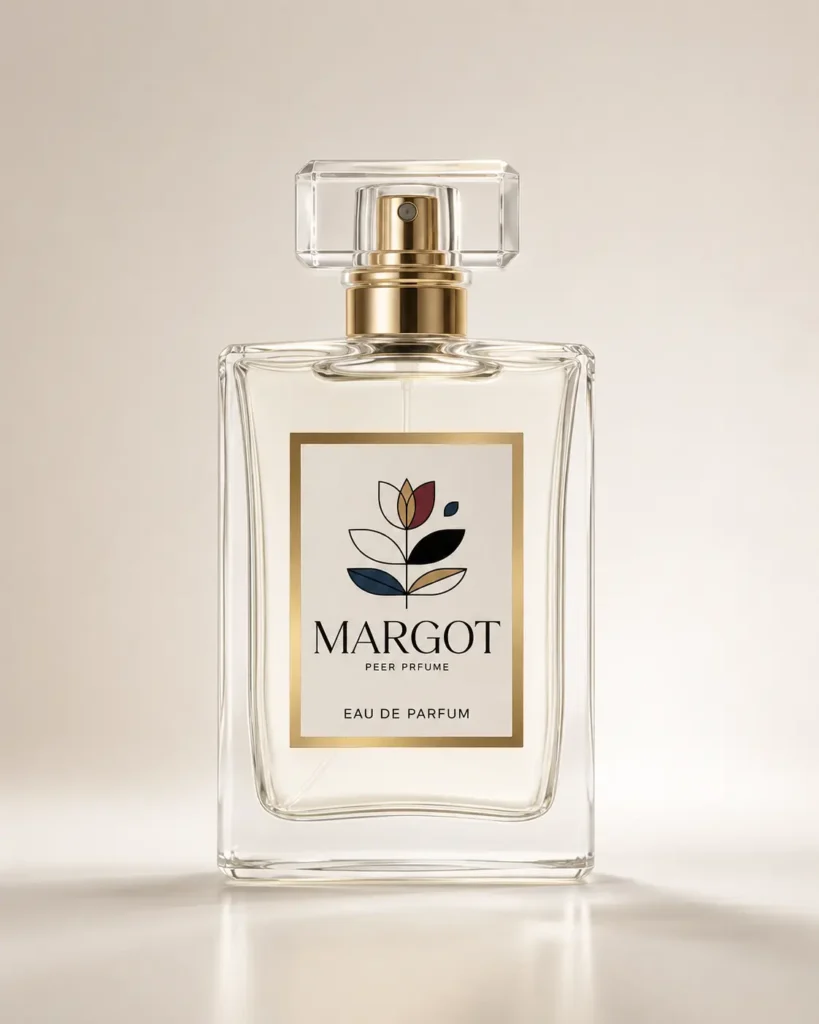Packshot de botella de perfume creado como parte de Producción de Contenido con IA para Margot