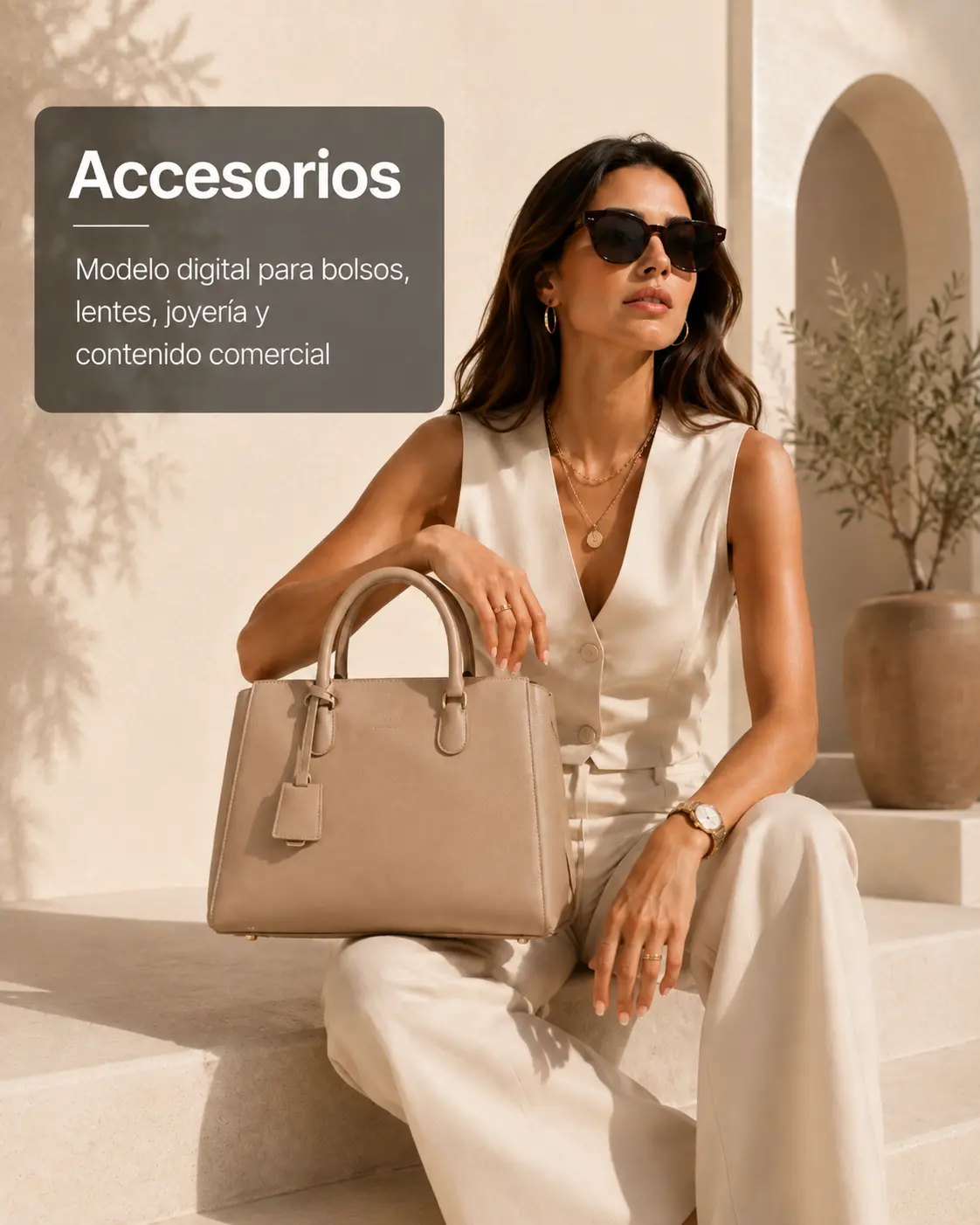 Modelo digital mostrando bolso, lentes y accesorios para contenido comercial