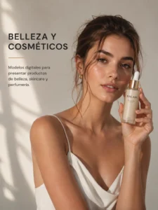 Modelo digital presentando un producto cosmético para campaña de belleza