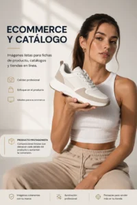 Modelo digital femenino mostrando un tenis para ecommerce y catálogo de productos