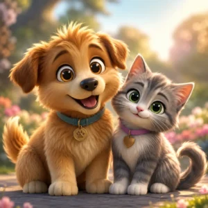 Perro y gato en estilo animación 3D como mascotas digitales para marca