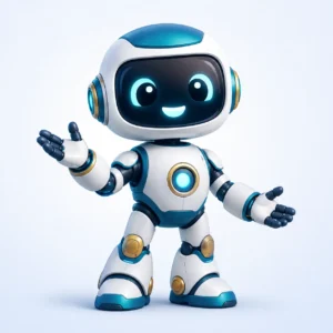 Robot futurista sonriente como mascota digital para negocios y contenido con inteligencia artificial
