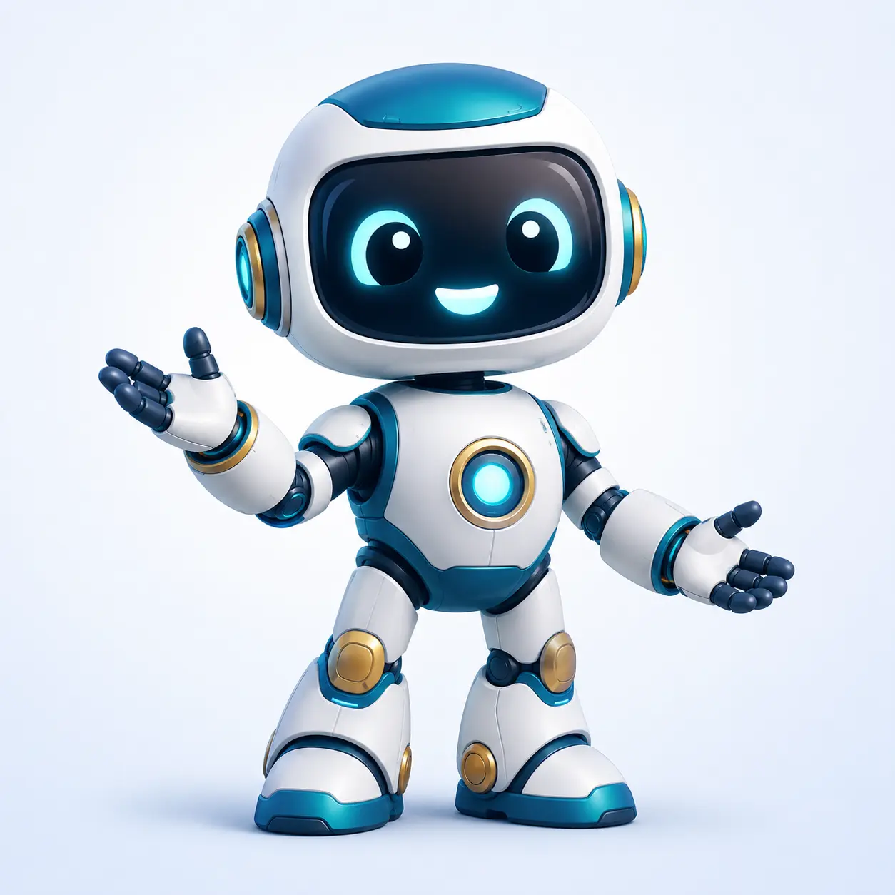 Robot futurista sonriente como mascota digital para negocios y contenido con inteligencia artificial